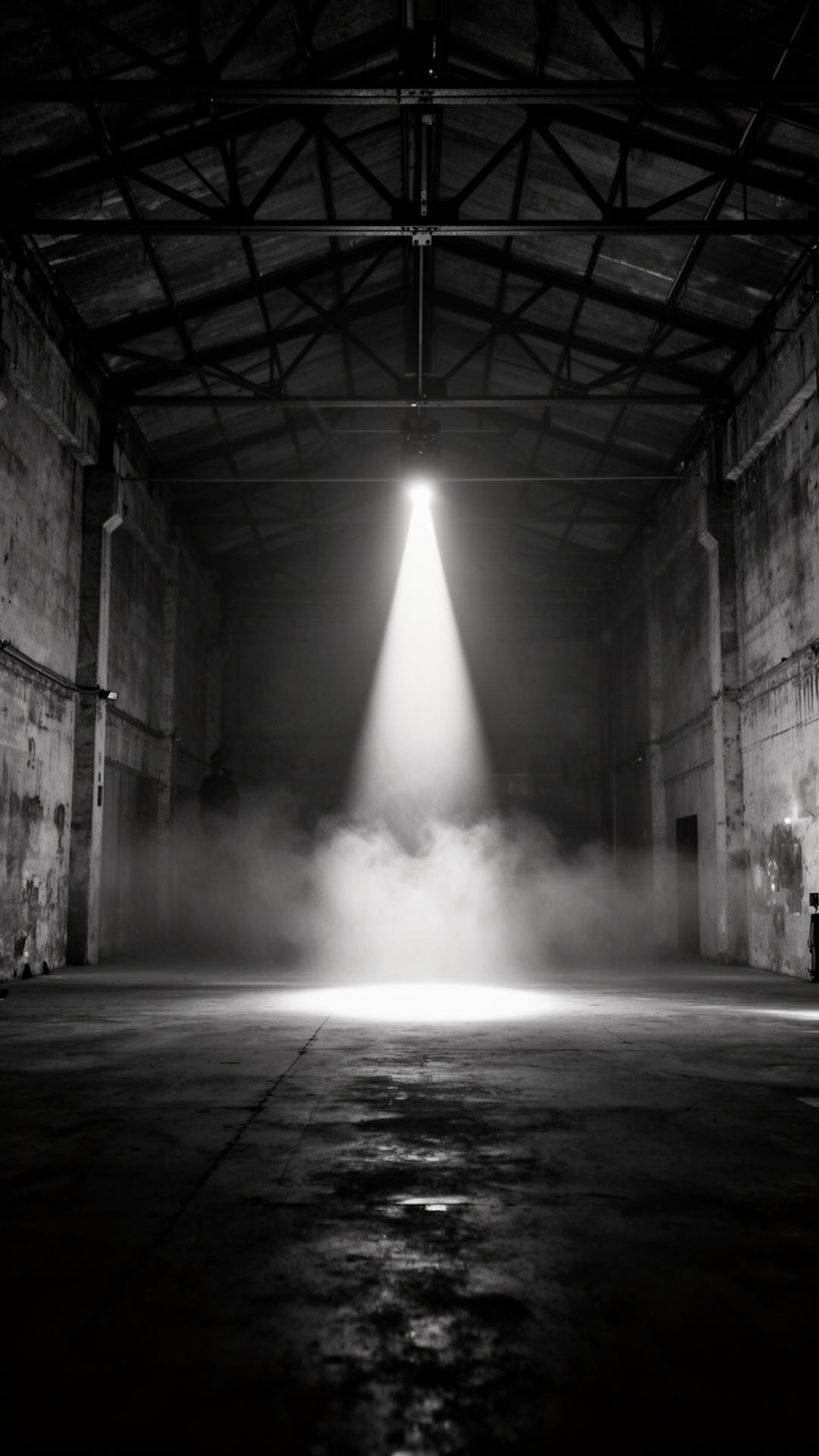 Underground warehouse interior with a single shaft of light at 4AM